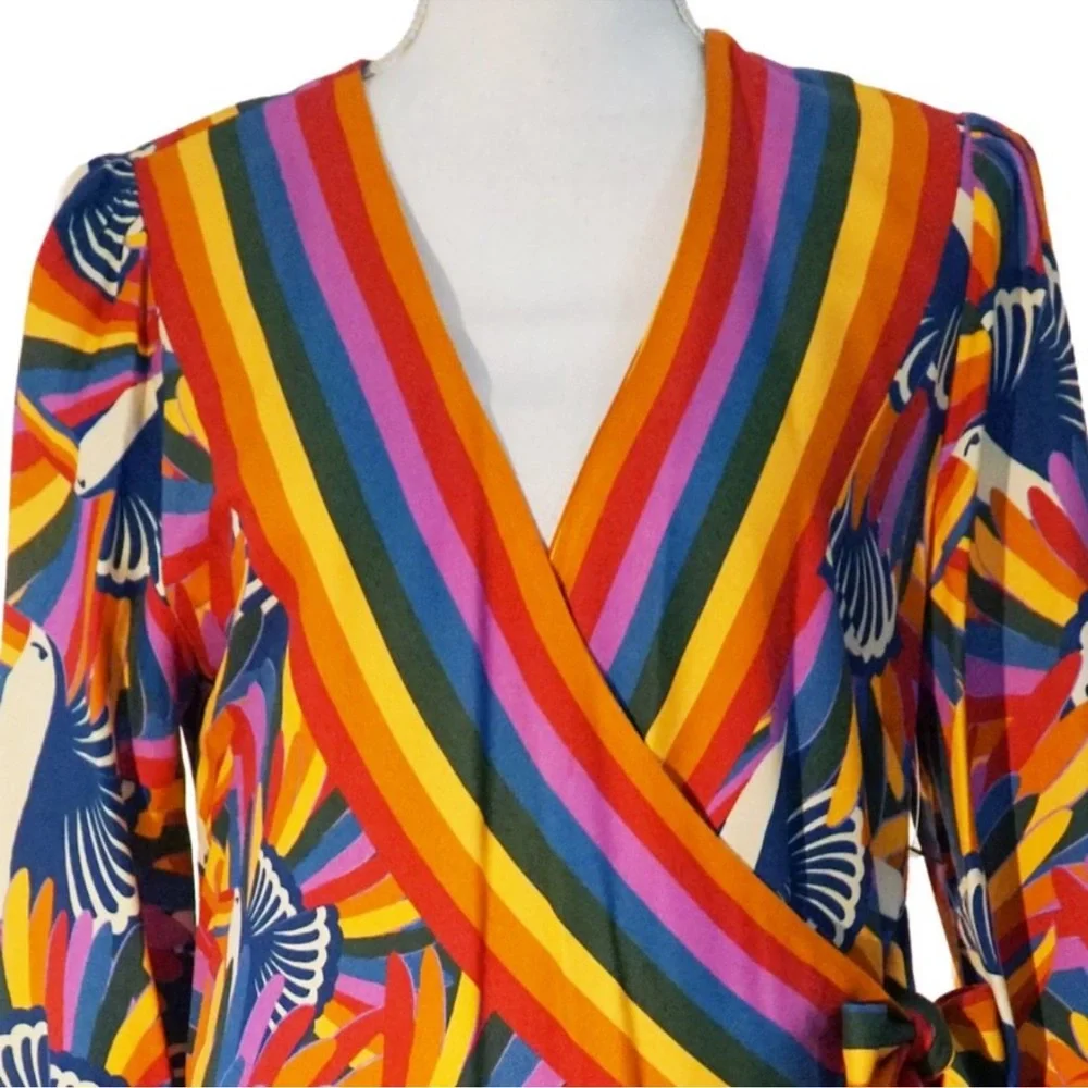 Anthro x Farm Rio Rainbow Toucan Wrap Dress - Picture 8 of 15